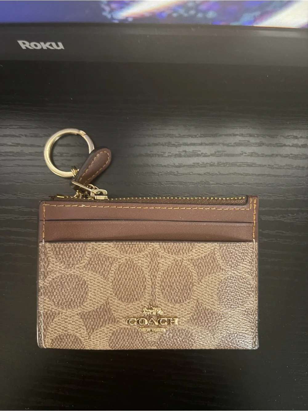 Coach Tan/Brown Signature Card Case with Key Ring